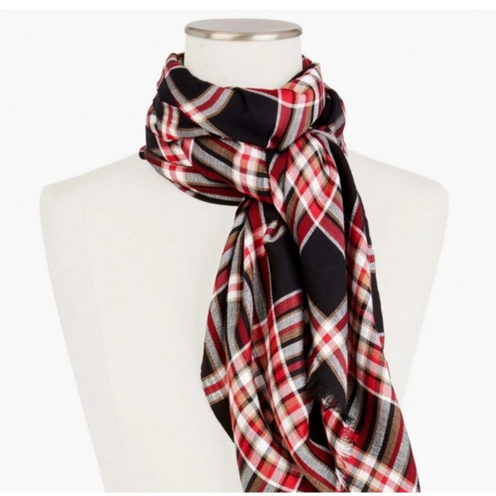 Talbots red black chestnut oblong checkered plaid scarf shawl